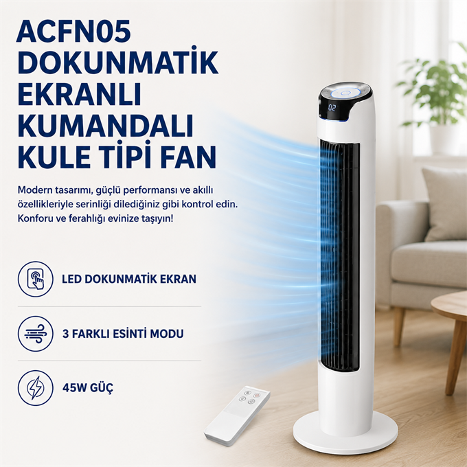Dokunmatik Ekranlı Kumandalı Kule Tipi Fan 43İNÇ 