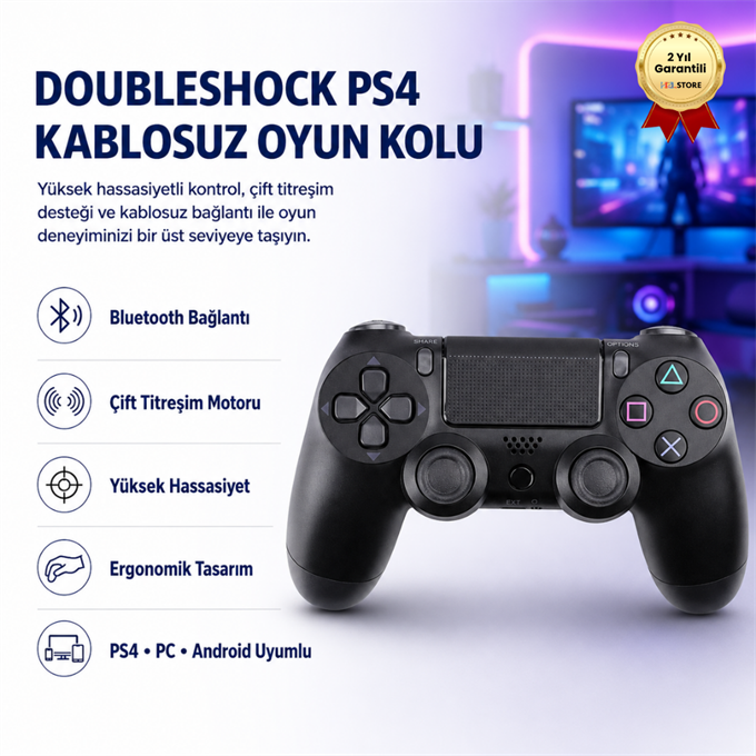 DoubleShock PS4 Kablosuz Oyun Kolu, Yüksek Hassasiyetli Çift Titreşimli Bluetooth Gamepad, Ergonomik Tasarım, PS4 – PC – Android Uyumlu Profesyonel Oyun Kumandası 