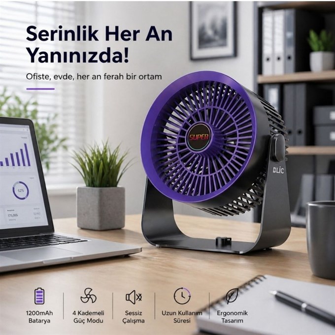 Duvar Monteli Masaüstü Fan  1200 mAh Bataryalı, 360° Ayarlanabilir, 5 Kademeli Taşınabilir Fan
