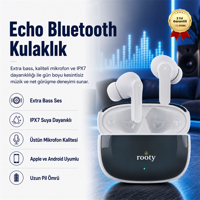 Echo Bluetooth Kulakiçi Kulaklık Yüksek Ses Kalitesi + Kaliteli Mikrofon IPX7 Uzun Pil Ömrü Apple Android Uyumlu