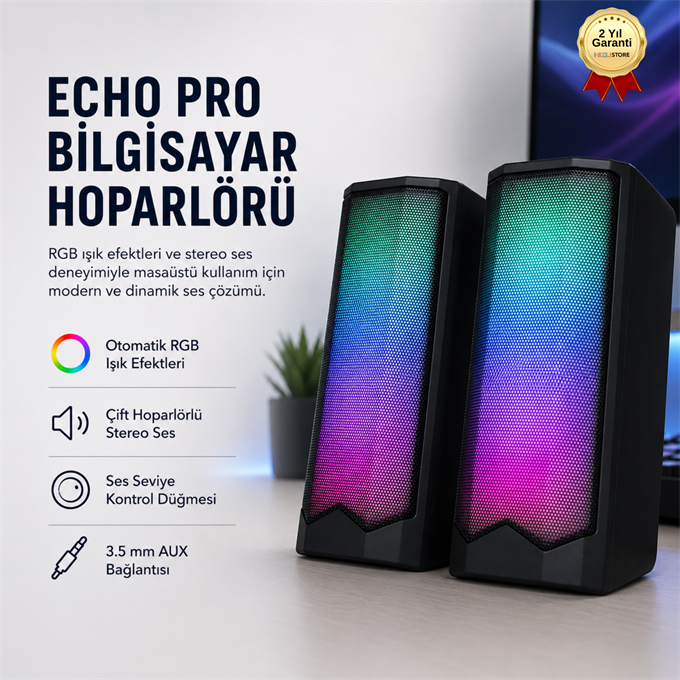 ECHO PRO Bilgisayar Hoparlörü RGB Işıklı Çift Stereo Ses USB Güç ve 3.5 mm AUX Bağlantılı Masaüstü Hoparlör