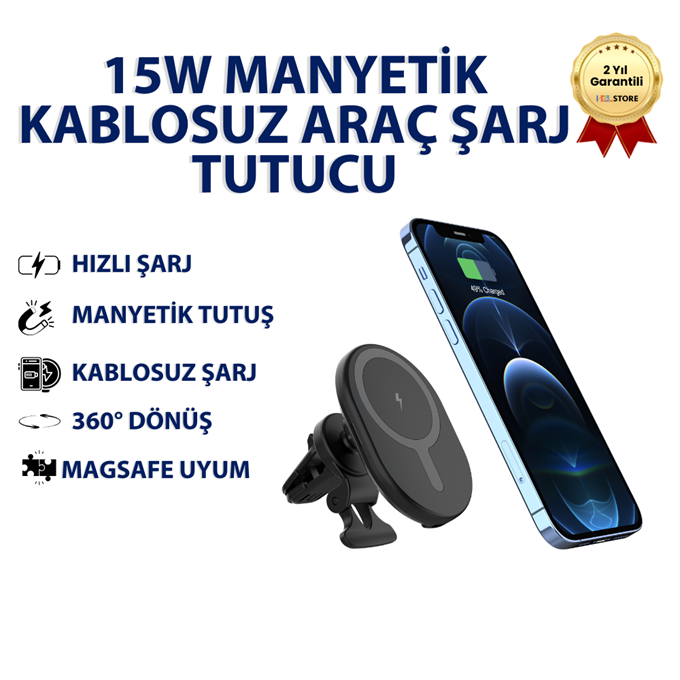 EIMA E-MC3 15W Manyetik Kablosuz Araç Şarj Tutucu MagSafe Uyumlu 360° Döner Telefon Tutucu