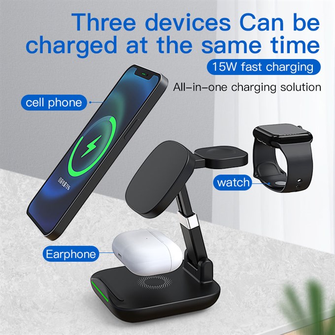 15W Manyetik 3ü 1 Arada Hızlı Şarj İstasyonu -Tüm Akıllı Telefonlar, İphone Watch ve AirPods Uyumlu Şarj Standı