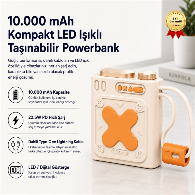  10.000 mAh Kompakt LED Işıklı Taşınabilir Powerbank