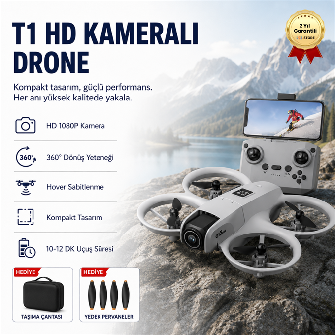 Gri T1 HD Kameralı  360° Dönüşlü taşınabilir Kompakt Drone