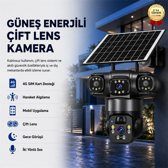 Güneş Enerjili 4G SIM Kartlı Kablosuz Güvenlik Kamerası Çift Lens 1080P Su Geçirmez