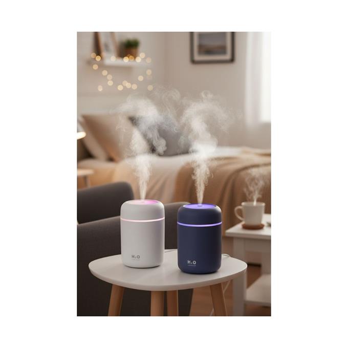 H2O Renkkli LED Işıklı 300 ML Taşınabilir USB Hava Nemlendirici ve Aroma Difüzörü - 2li Set (Beyaz & Gri)