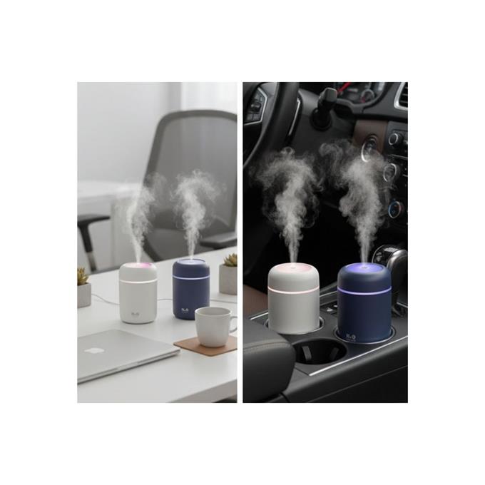 H2O Renkkli LED Işıklı 300 ML Taşınabilir USB Hava Nemlendirici ve Aroma Difüzörü - 2li Set (Beyaz & Gri)