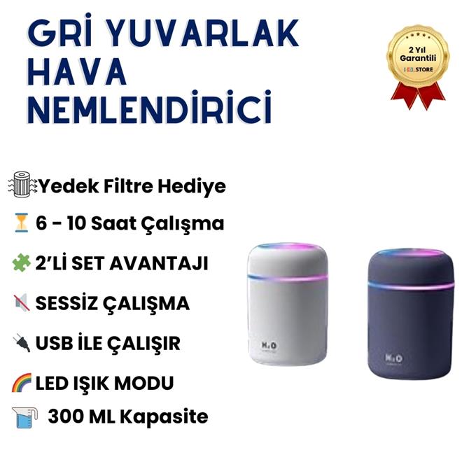 H2O Renkkli LED Işıklı 300 ML Taşınabilir USB Hava Nemlendirici ve Aroma Difüzörü - 2li Set (Beyaz & Gri)