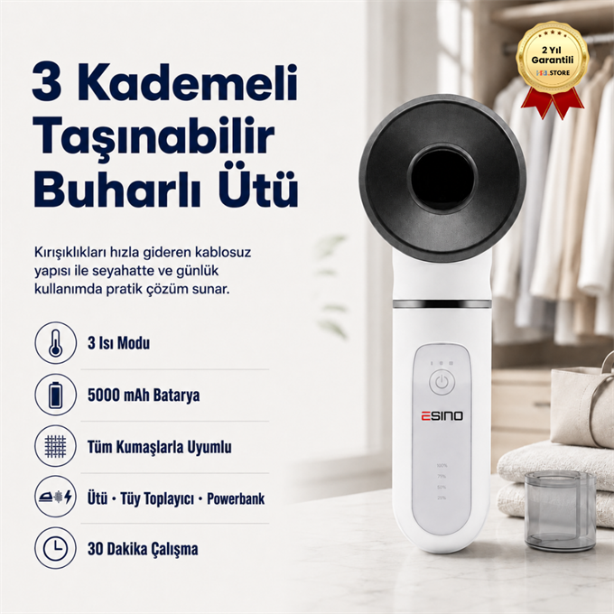 HZL 3 Kademeli Portatif Kablosuz Seyahat Ütüsü Bataryalı Kırışık Giderici Tüy Toplayıcı