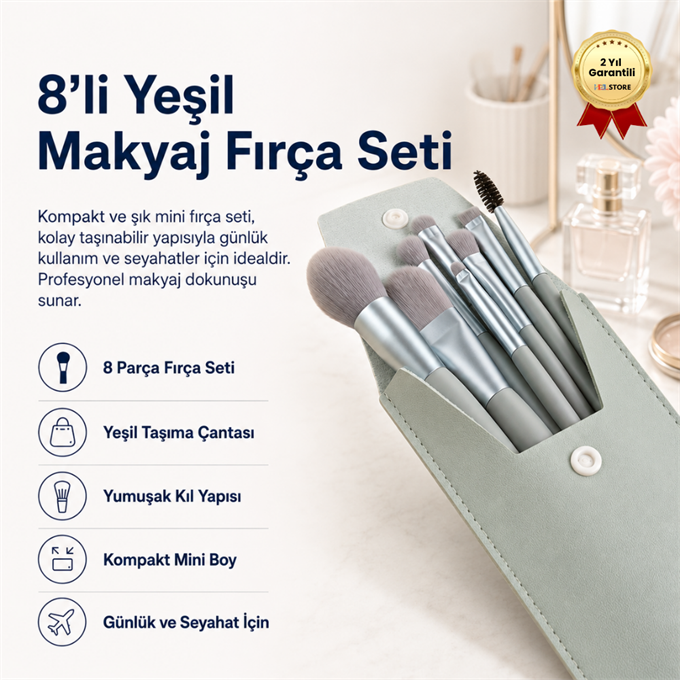 Hzl 8'li Yeşil Makyaj Fırça Seti | Yeşil Çantalı Mini Set 