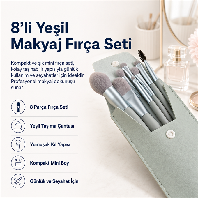 Hzl 8'li Yeşil Makyaj Fırça Seti | Yeşil Çantalı Mini Set 