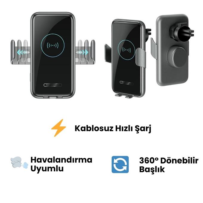 HZL Premium Otomatik Wireless Kablosuz Hızlı Şarj Havalandırma Uyumlu Dönebilen Araç Telefon Tutucu