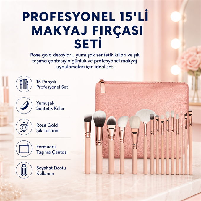 HZL Profesyonel Pembe 15'li Makyaj Fırçası Seti 