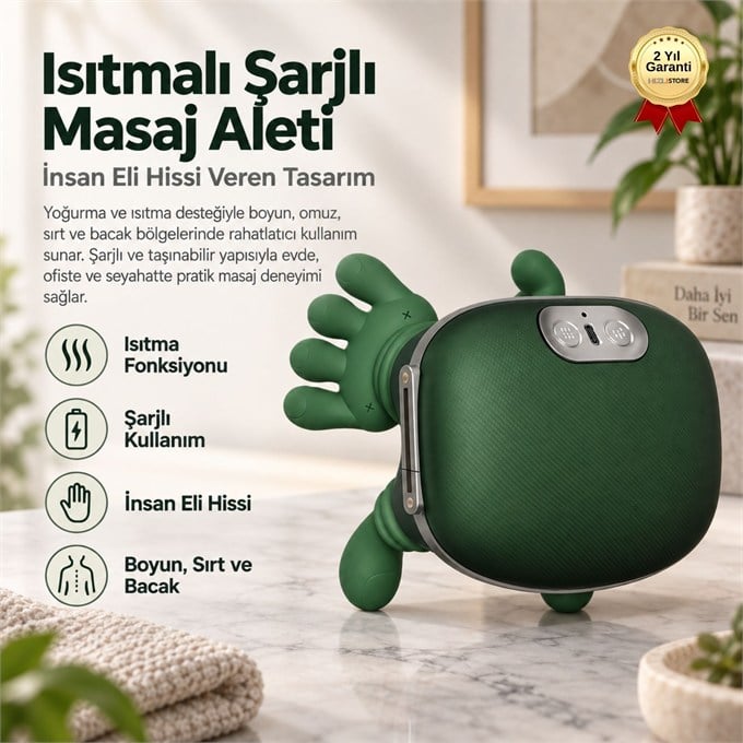 Isıtmalı Şarjlı Boyun ve Omuz Masaj Aleti İnsan Eli Hissi Veren Yoğurmalı Masaj Cihazı Yeşil