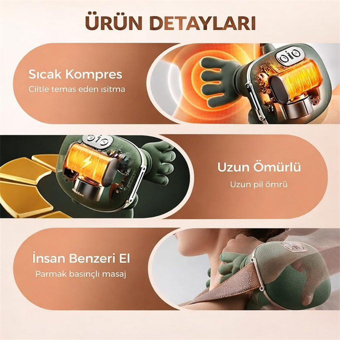 Isıtmalı Şarjlı Boyun ve Omuz Masaj Aleti İnsan Eli Hissi Veren Yoğurmalı Masaj Cihazı Yeşil