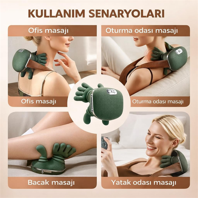 Isıtmalı Şarjlı Boyun ve Omuz Masaj Aleti İnsan Eli Hissi Veren Yoğurmalı Masaj Cihazı Yeşil