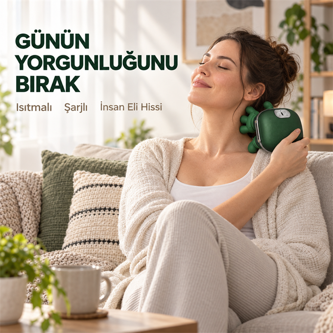 Isıtmalı Şarjlı Boyun ve Omuz Masaj Aleti İnsan Eli Hissi Veren Yoğurmalı Masaj Cihazı Yeşil