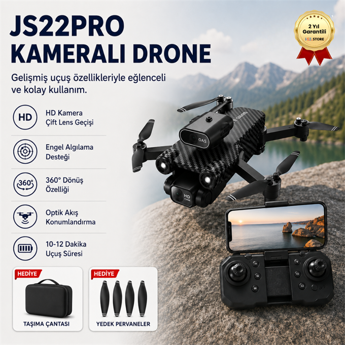 JS22PRO Drone, HD Uzaktan Kumandalı, Fırçasız motorlu 360 Roll Özellikli , Çift lens Korumalı Drone