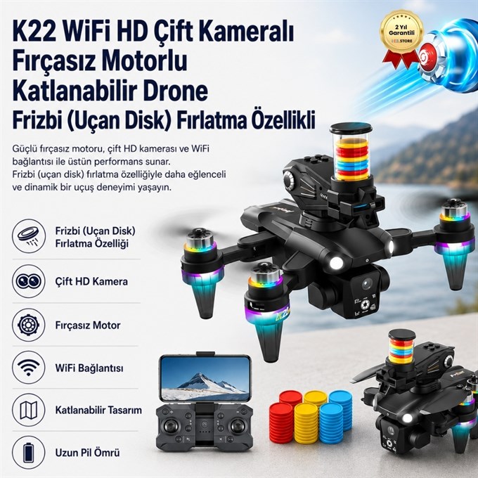 K22 WiFi HD Çift Kameralı Fırçasız Motorlu Katlanabilir Drone Frizbi (Uçan Disk) Fırlatma Özellikli
