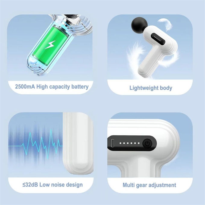 Kablosuz Masaj Tabancası 2500mAh Batarya, Hafif Sessiz 32dB, Çok Kademeli Derin Doku Kas Masaj Aleti