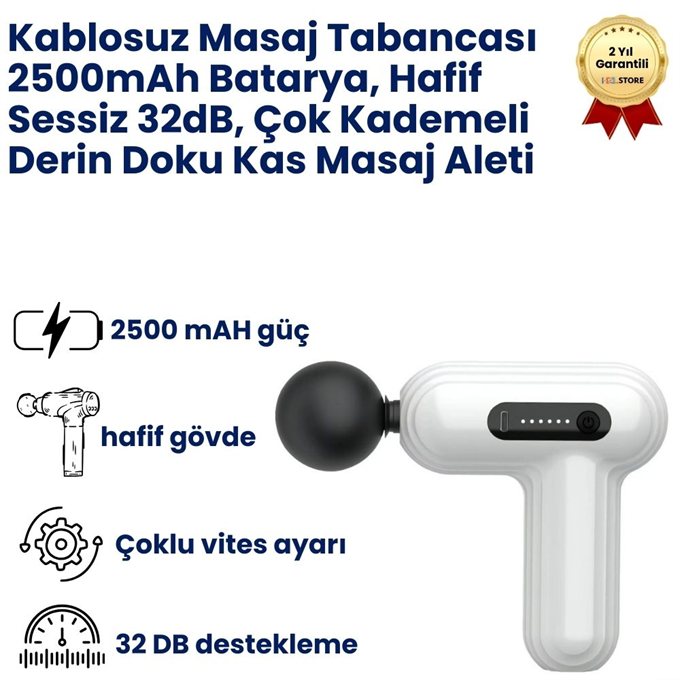 Kablosuz Masaj Tabancası 2500mAh Batarya, Hafif Sessiz 32dB, Çok Kademeli Derin Doku Kas Masaj Aleti 