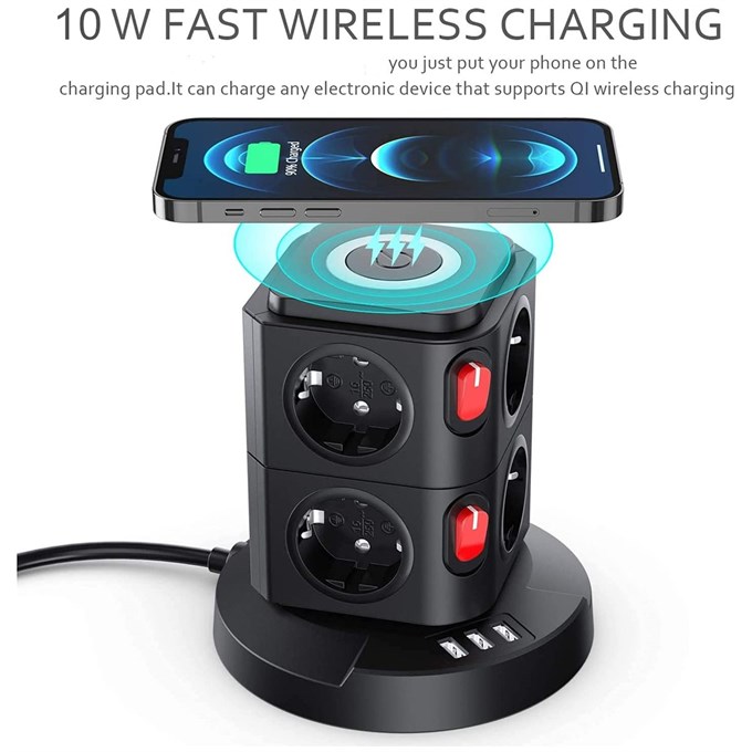 Kablosuz Şarj Destekli 3680W  8li kule Priz-Wireless Şarj Destekli