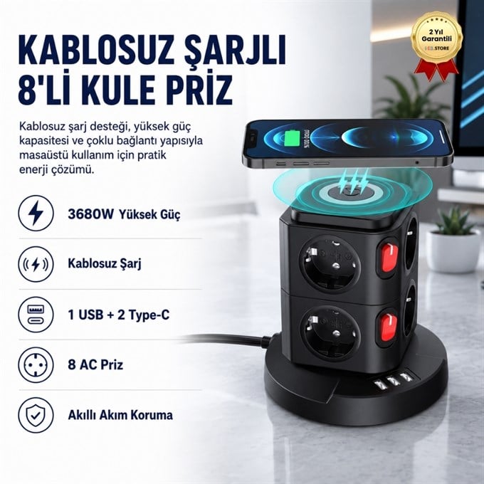 Kablosuz Şarj Destekli 3680W  8li kule Priz-Wireless Şarj Destekli