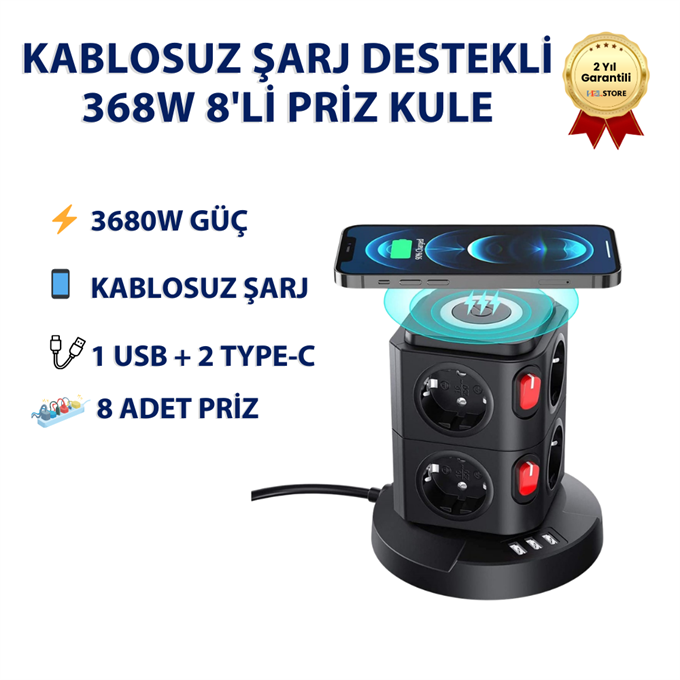 Kablosuz Şarj Destekli 3680W  8li kule Priz-Wireless Şarj Destekli