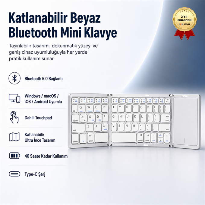 Katlanabilir Beyaz Her Cihaza Bluetooth İle Uyumlu Portatif  Taşınabilir Dokunmatik Mini Klavye 