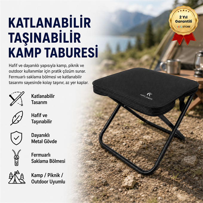 Katlanabilir Taşınabilir Kamp Taburesi ,Hafif, Dayanıklı ve Fermuarlı Saklama Bölmeli Outdoor Sandalye