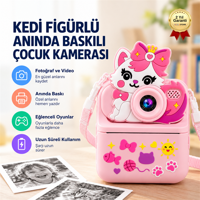 KEDİ FİGÜRLÜ ANINDA BASKILI ÇOCUK KAMERASI 