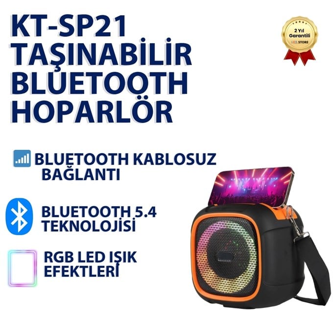 KT-SP21 Taşınabilir Bluetooth Hoparlör | Süper Bass, RGB Işık, Hi-Fi Stereo, FM Radyo, USB & TF Kart Destekli