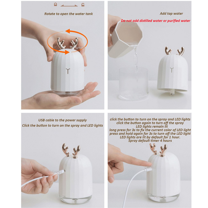 Kuru Ortamı Nemlendiren Geyikli Led Işıklı Hava Nemlendirici Buhar Makinesi Lovely Humidifier