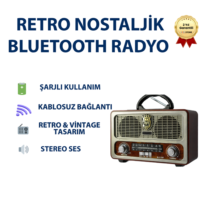 M-111BT Nostaljik USB SD TF Kart Destekli Nostaljik Ahşap Görünümlü Retro Bluetooth Radyo