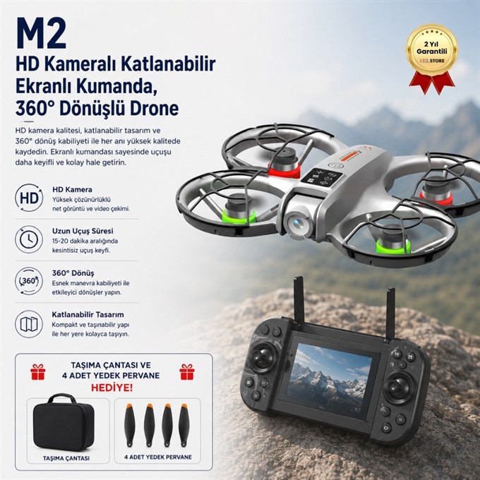 M2 HD Kameralı Katlanabilir  Ekranlı Kumanda, Wi-Fi Görüntü Aktarımı ve 360° Dönüşlü Taşınabilir Kompakt Drone