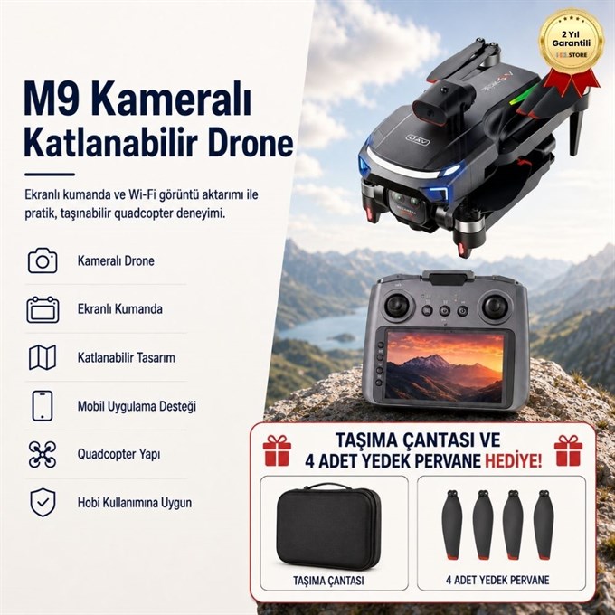 M9 Kameralı Katlanabilir Drone, Ekranlı Kumanda, Wi-Fi Görüntü Aktarımı ve Taşınabilir Quadcopter Drone