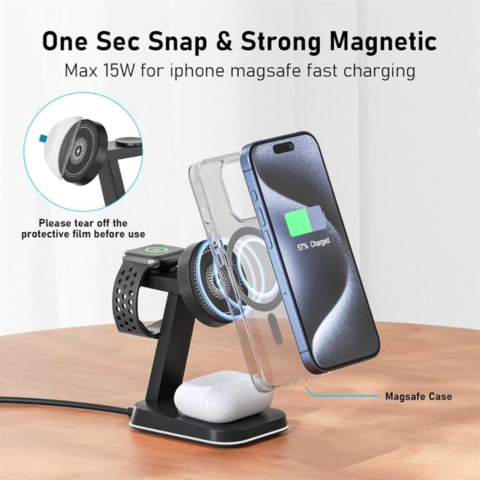 MagSafe 3-in-1 Manyetik Kablosuz Şarj İstasyonu 15W – iPhone, Apple Watch ve AirPods için Hızlı Wireless Charging Stand