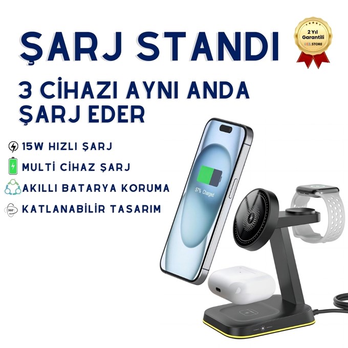 MagSafe 3-in-1 Manyetik Kablosuz Şarj İstasyonu 15W – iPhone, Apple Watch ve AirPods için Hızlı Wireless Charging Stand