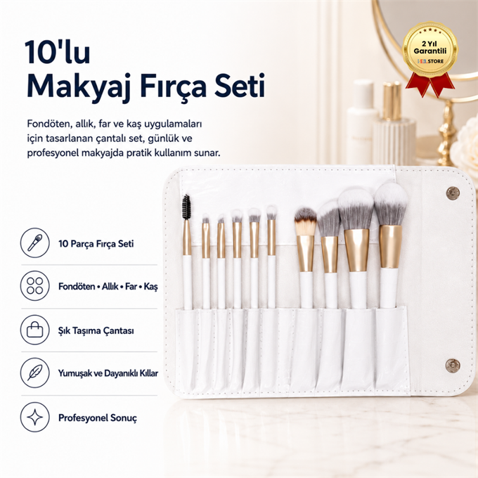 Makyaj Fırça Seti Çantalı 10'lu | Fondöten, Allık, Far ve Kaş Fırçaları 