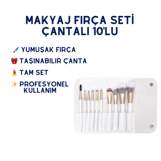 Makyaj Fırça Seti Çantalı 10lu | Fondöten, Allık, Far ve Kaş Fırçaları