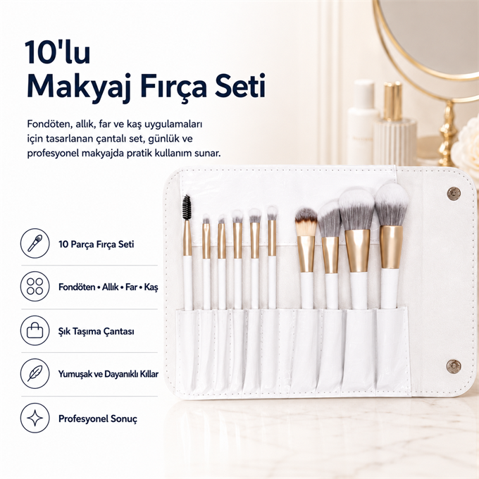Makyaj Fırça Seti Çantalı 10'lu | Fondöten, Allık, Far ve Kaş Fırçaları 
