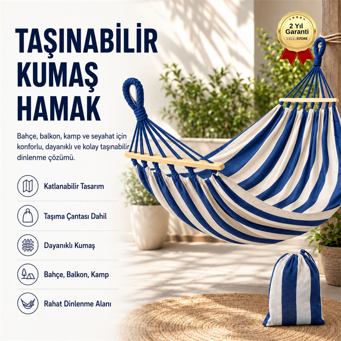 Mavi Çizgili Taşınabilir Katlanabilir Kumaş Hamak Bahçe, Balkon, Kamp ve Seyahat İçin Dinlenme Hamak + Taşıma Çantası 