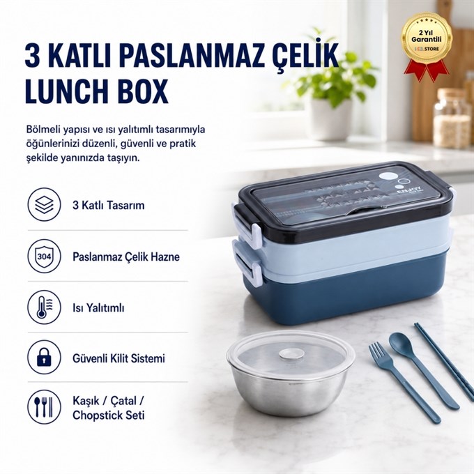 Mavi Paslanmaz Çelik 3 Katlı Yemek Taşıma Kabı Isı Yalıtımlı Lunch Box