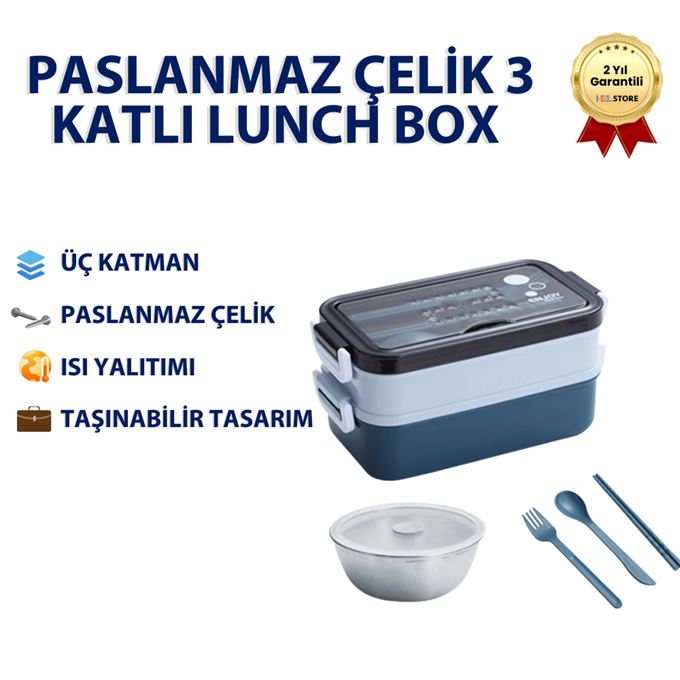 Mavi Paslanmaz Çelik 3 Katlı Yemek Taşıma Kabı Isı Yalıtımlı Lunch Box