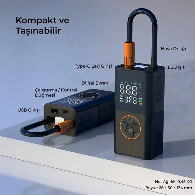 Mini Taşınabilir Kompresör ve LED Aydınlatmalı Araç Oto Pompa