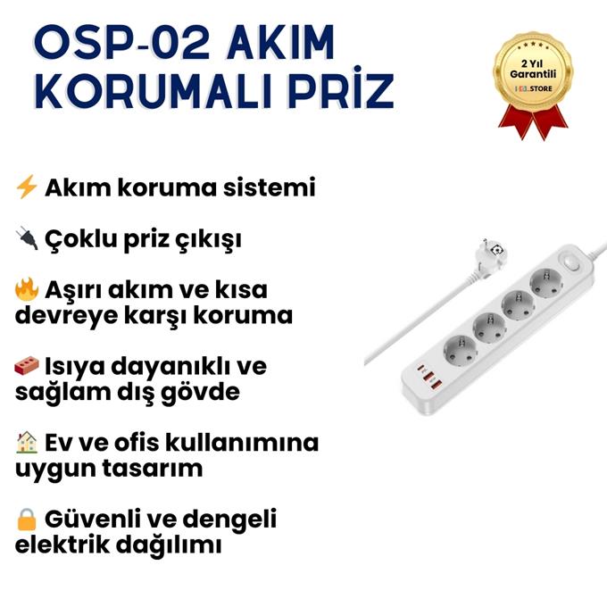 OSP02 Akım Korumalı Çoklu Priz – Anahtarlı, Güvenli Elektrik Dağıtım Ünitesi
