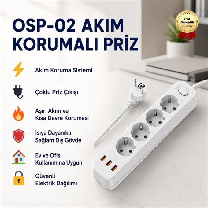 OSP02 Akım Korumalı Çoklu Priz – Anahtarlı, Güvenli Elektrik Dağıtım Ünitesi