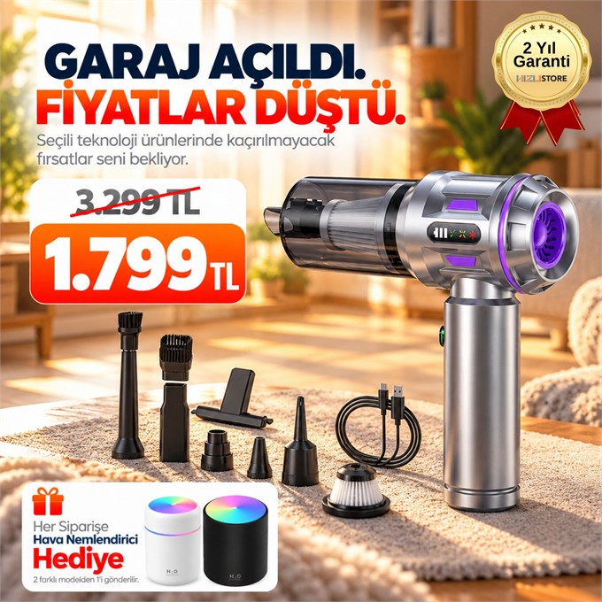OUTLET/TEŞHİR 20,000PA Katlanabilir Ev Ofis Araba Süpürgesi 3 Modlu Çanta Hediyeli