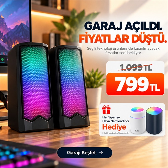 OUTLET/TEŞHİR ECHO PRO Bilgisayar Hoparlörü RGB Işıklı Çift Stereo Ses USB Güç ve 3.5 mm AUX Bağlantılı Masaüstü